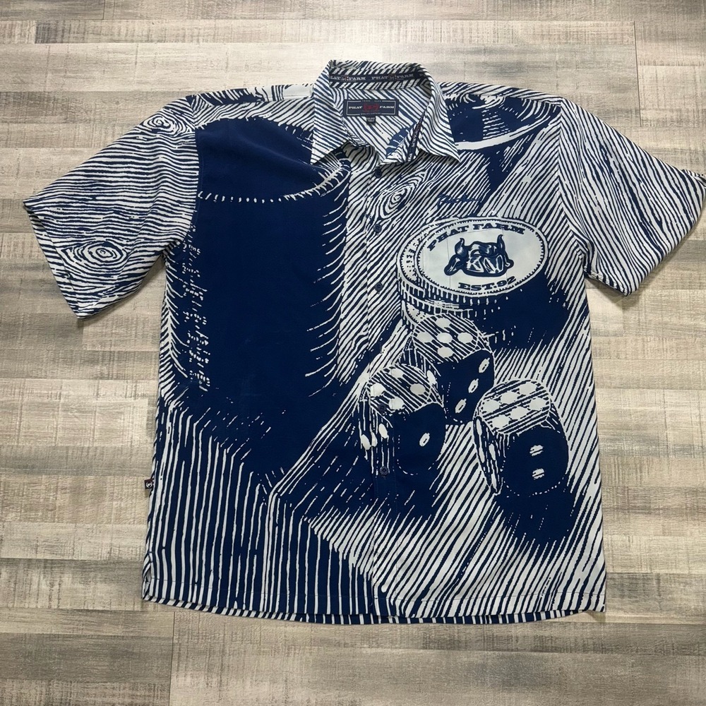 Phat Farm Botton Up Shirt Men's XXL Blue Casino Dice Chips 90s Hip Hop Y2K AOP